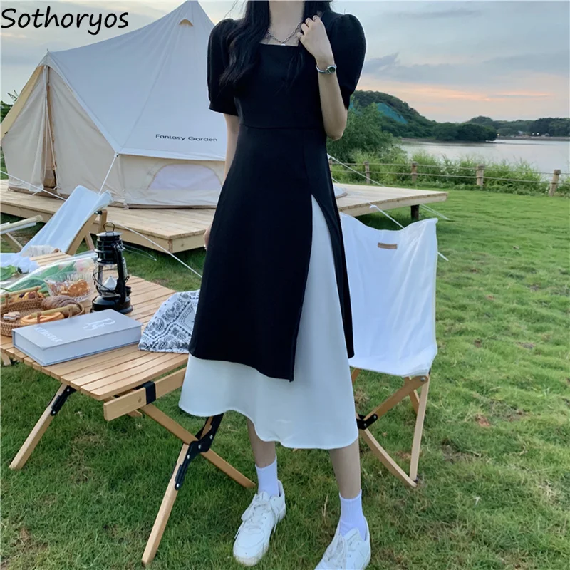 

Short Puff Sleeve Dresses Women Patchwork High Waist Calf Length Square Collar Summer Vintage Chic Design Vestido Korean Ulzzang