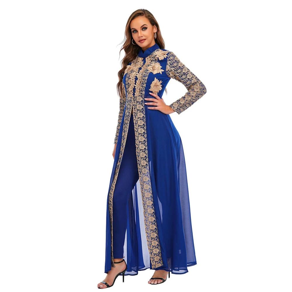 Fashion 2 Piece Set Dubai Lace Abaya Women Chiffon Long Skinny Pants
