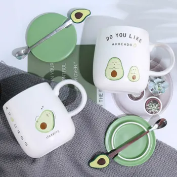 

Cute Coffee Cup Ceramica Breakfast Milk Juice Tea Mugs 400ml with Lid and Spoontazas De Creativas Home Office Drinking Glass