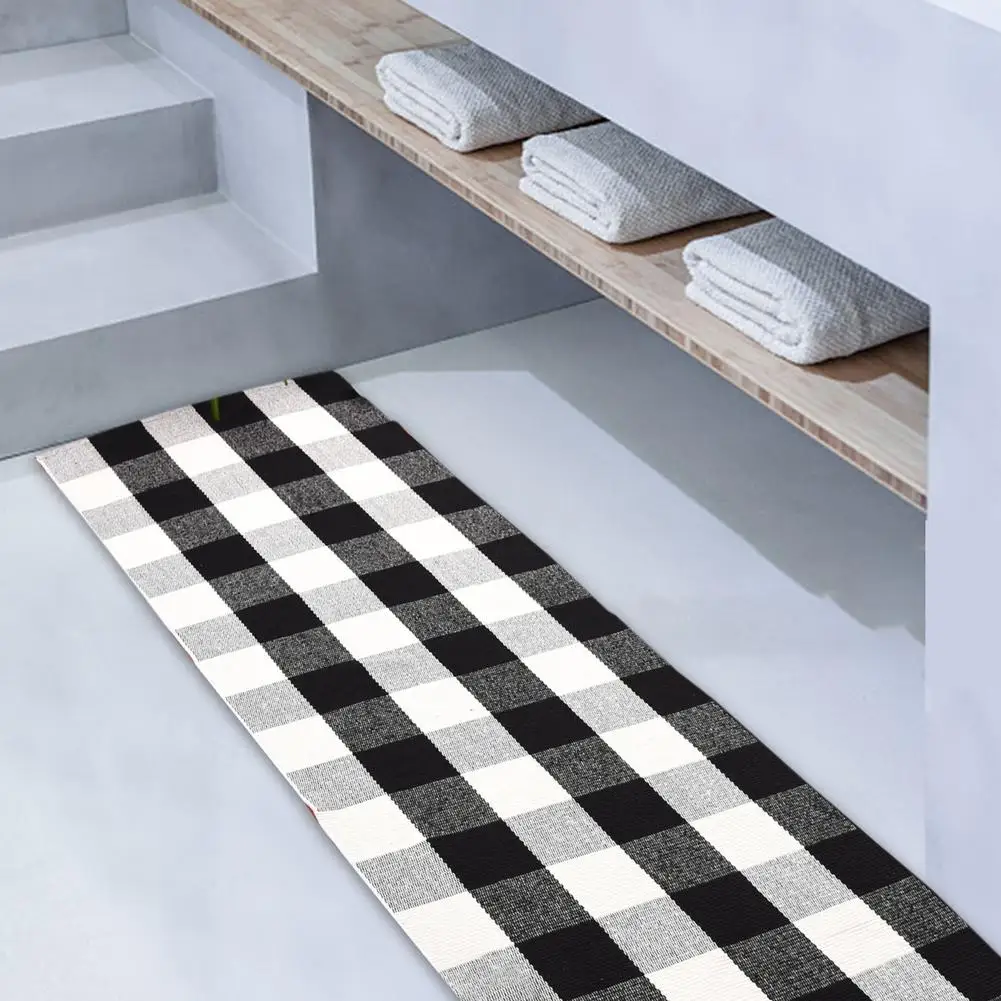 

Cotton Buffalo Plaid Rugs Black White Checkered Rug Welcome Door Mat Woven Braided Throw Kitchen Carpet For Bathroom Living Room