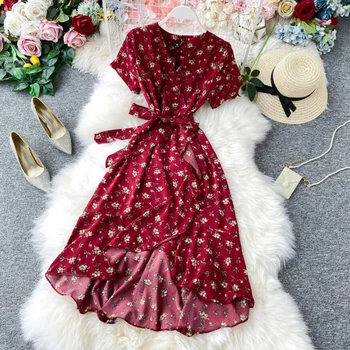 2020 Summer Ladies Ruffled Short-sleeved Chiffon Dress V-neck High Waist Floral Women Dress Bohemia Beach Dress Sashes Vestidos
2020 Summer Ladies Ruffled Short-sleeved Chiffon Dress V-neck High Waist Floral Women Dress Bohemia Beach Dress Sashes Vestidos