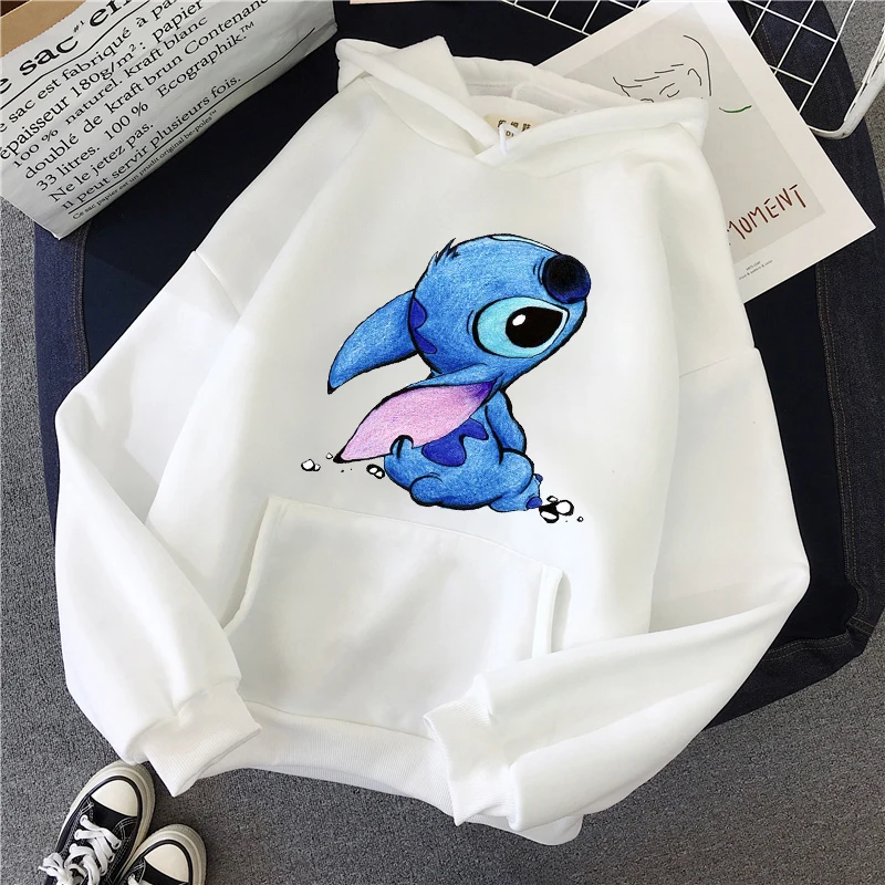 Stitch Hoodies Women Harajuku Pullovers Cute Kawaii Casual Tops O-Neck Angel Print Hooded Sweatshirt Long Sleeves Plus Size | Женская