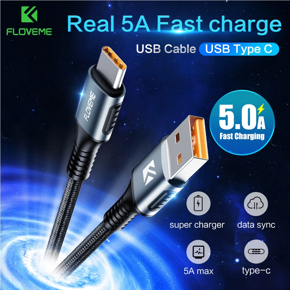 USB кабель FLOVEME Type C 5A шнур для быстрой зарядки и передачи данных Samsung S10 S9 Plus Huawei Cabo