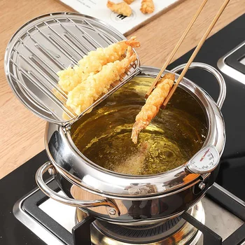 Japanese Style Deep Frying Pot Thermometer Tempura Fryer Pan Temperature Control Fried Chicken Pot Cooking Tools Kitchen Utensil