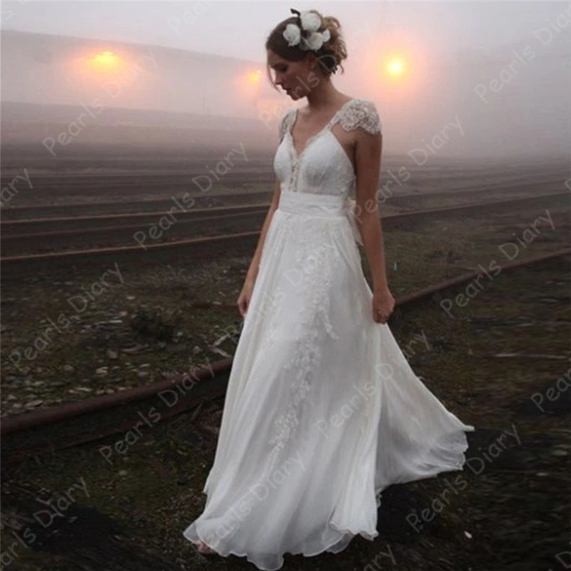 Delicate-A-line-Lace-Chiffon-Bridal-Gowns-2020-Fashion-V-neck-Cap-Sleeve-Backless-Bow-Sweep (2)