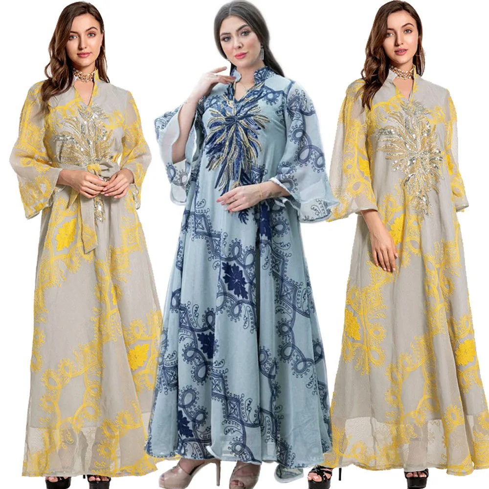 

Women Sequnins Embroidery Luxury Party Evening Long Dress Muslim Loose Kaftan Dubai Maxi Abaya Islamic Ramadan Turkey Robe Gown