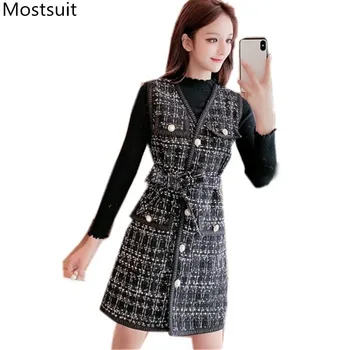 Vintage Ladies 2 Piece Sets Outfits Women Black Pullover Sweater + Sleeveless Dress With Belt Suits Elegant Fashion Female Sets
Vintage Ladies 2 Piece Sets Outfits Women Black Pullover Sweater + Sleeveless Dress With Belt Suits Elegant Fashion Female Sets