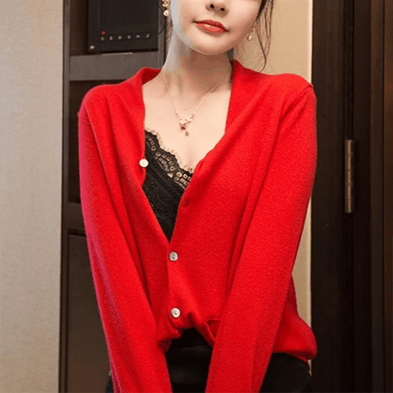 Женский кардиган с v образным вырезом и длинным рукавом красный вязаный одежда