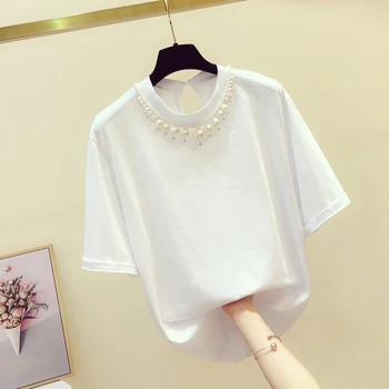 O-neck Pearls beading short sleeve t shirt women loose cotton tee shirt femme white tshirt korean modis tops 2020 summer
O-neck Pearls beading short sleeve t shirt women loose cotton tee shirt femme white tshirt korean modis tops 2020 summer