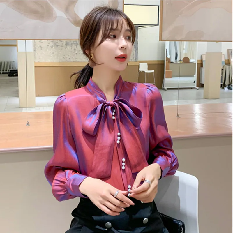 New 2020 Solid Glossy Bow OL Blouses Women Work Fashion Spring Beading Shirts Korean Long Sleeve Elegant Female Blusas
New 2020 Solid Glossy Bow OL Blouses Women Work Fashion Spring Beading Shirts Korean Long Sleeve Elegant Female Blusas