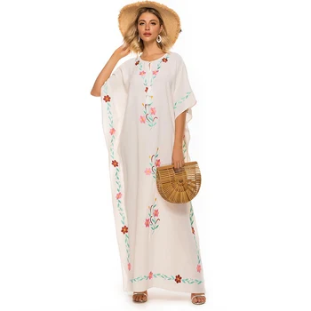 Boho Summer Beach Maxi Dress Women Fashion Muslim White Floral Embroidered Bat Sleeves Dresses Female Black Polyester Dress 2020 
Boho Summer Beach Maxi Dress Women Fashion Muslim White Floral Embroidered Bat Sleeves Dresses Female Black Polyester Dress 2020