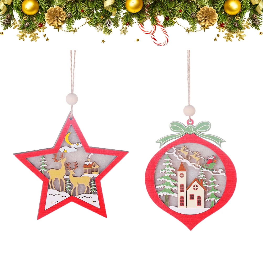 2pcs wooden pendant christmas creative with light craft hanging