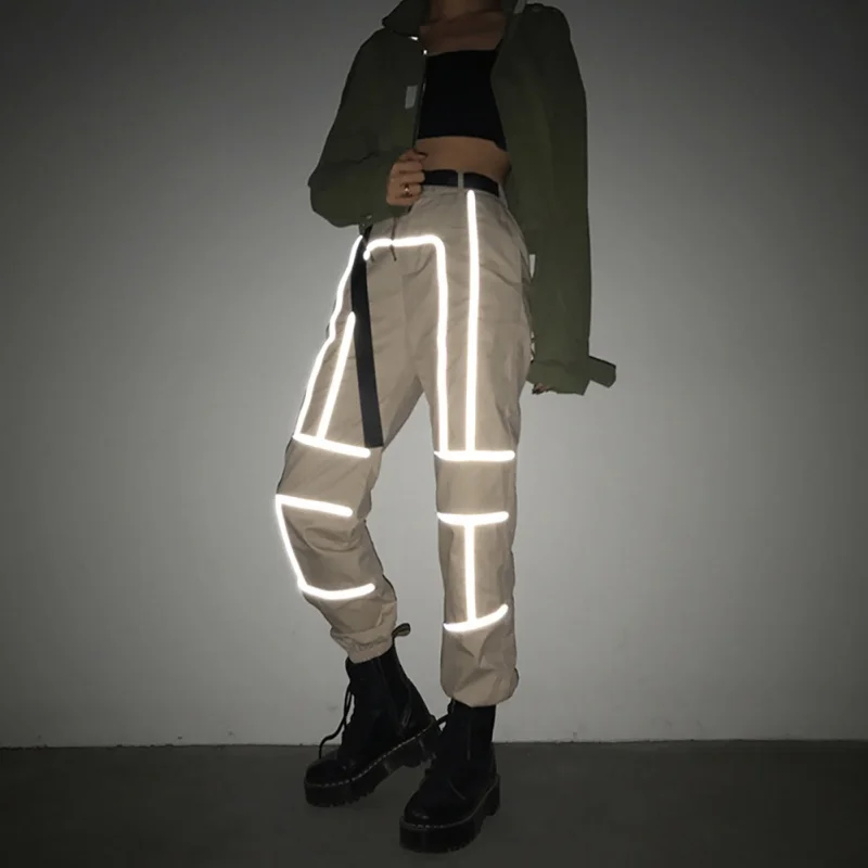 

Fashion Women Street Reflective Patchwork Cargo Pants 2019 New Arrival Female Loose Casual Sashes Pocket Trousers pantalon femme