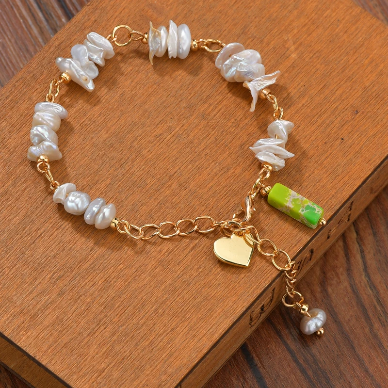 Фото New Women Irregular Natural Freshwater Pearl Charm Baroque Link Chain Bracelets Stone Heart Shaped Pendant Bracelet Gift | Украшения и