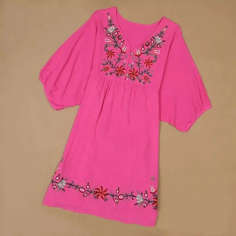 Women Embroidered Hippie Blouse Mexican Peasant Ethnic Gypsy Boho Mini Dress Hot 