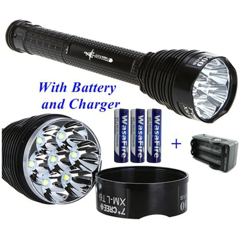 

Waterproof 7 X XM-L T6 Flashlight 5 Mode 8000 Lumen LED Torch Rechargeable Lantern with 18650 Battery+Charger for Climbing
