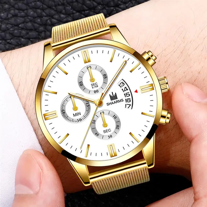 SHAARMS Reloj Hombre мужские роскошные золотые часы сетчатый ремешок кварцевые наручные