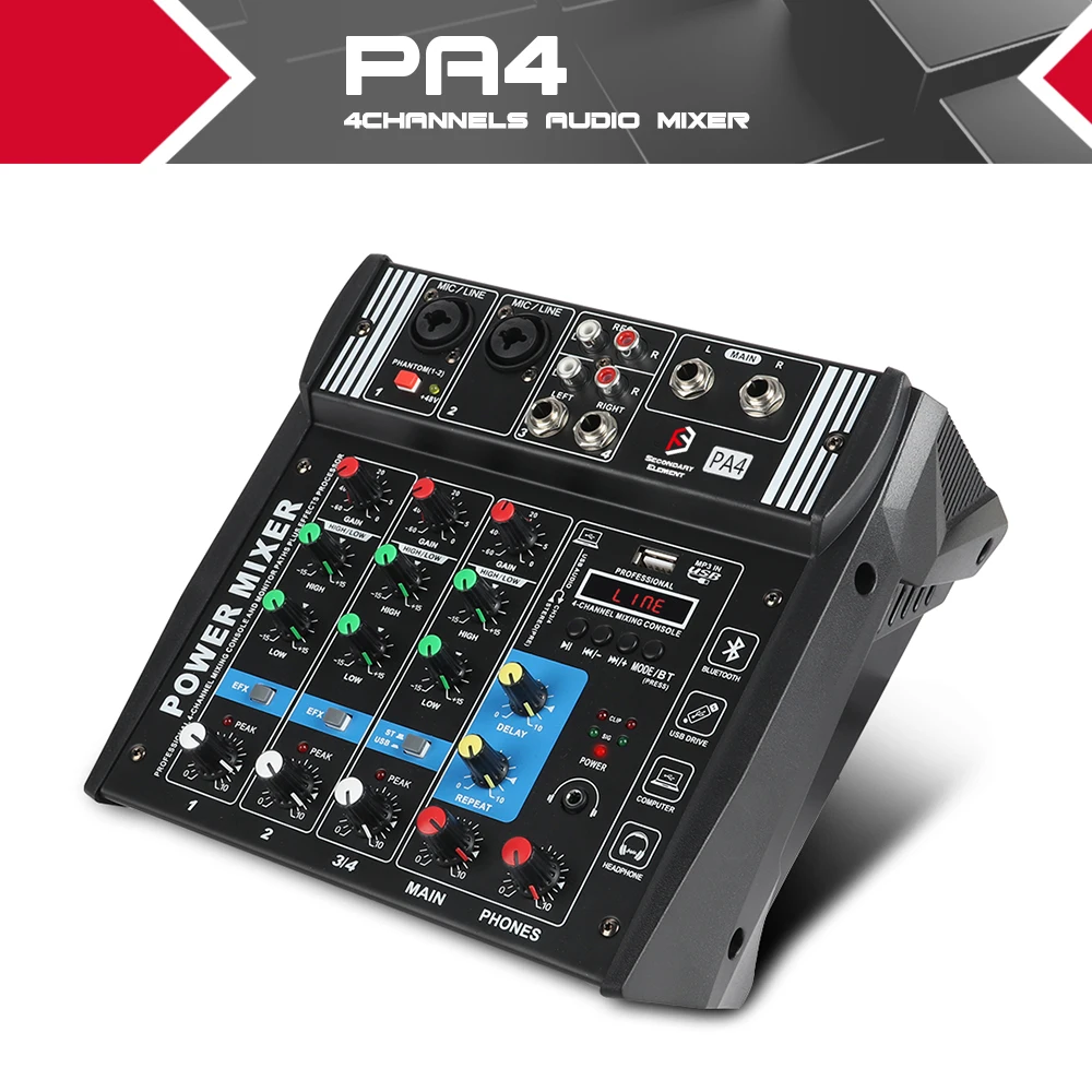 PA4 4Channels Audio Mixer Sound Mixing Console with Bluetooth USB Record 48V Phantom Power Monitor Paths Built-in Power Amplifie
PA4 4Channels Audio Mixer Sound Mixing Console with Bluetooth USB Record 48V Phantom Power Monitor Paths Built-in Power Amplifie
