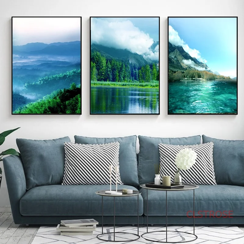 Постеры и принты на холсте с изображением зелёного леса озера настенные картины