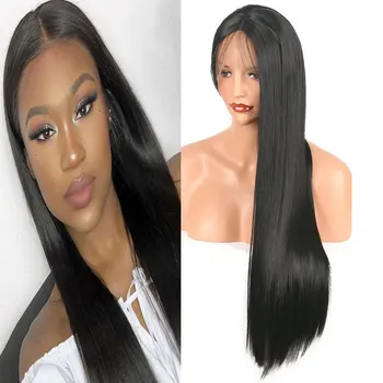 

Bombshell Synthetic Lace Front Wig Black Silky Straight Heat Resistant Fiber Hair Natural Hairline Middle Parting For Women Wigs