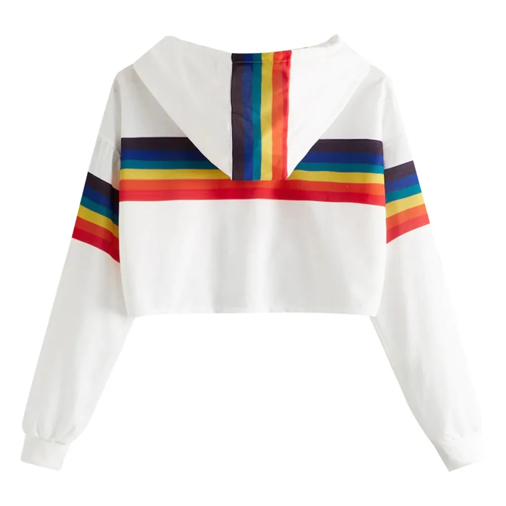 Jaycosin 2019 Fashion Autumn Women Rainbow Stripe Sweatshirt Stylish Long Sleeve Comfortable Female Casual Crop Blouse 930#10
