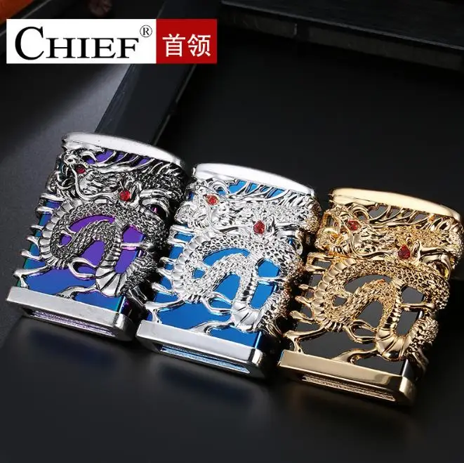 

Chief New Dragon Carving Flint Lighter Retro Metal Weel Kerosene Lighters Unique Gasoline LIghters Windproof Men Smoking Lighter