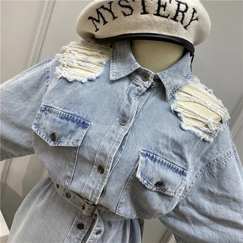 Denim Shirt Woman 2020 Spring Shoulder Ripped Off-Shoulder Lapel Loose-Fit Belt Waist Washed Denim Shirt Jacket Women's Top
Denim Shirt Woman 2020 Spring Shoulder Ripped Off-Shoulder Lapel Loose-Fit Belt Waist Washed Denim Shirt Jacket Women's Top