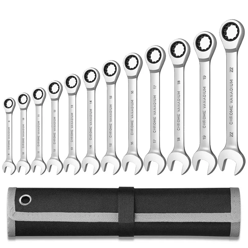 Generic Metric Ratcheting Wrench Set, Combination Ended Spanner Kit