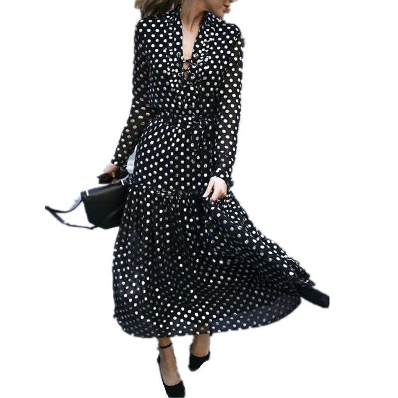 Long sleeve Polka dots V Neck Rivet Women Maxi Dress
Long sleeve Polka dots V Neck Rivet Women Maxi Dress