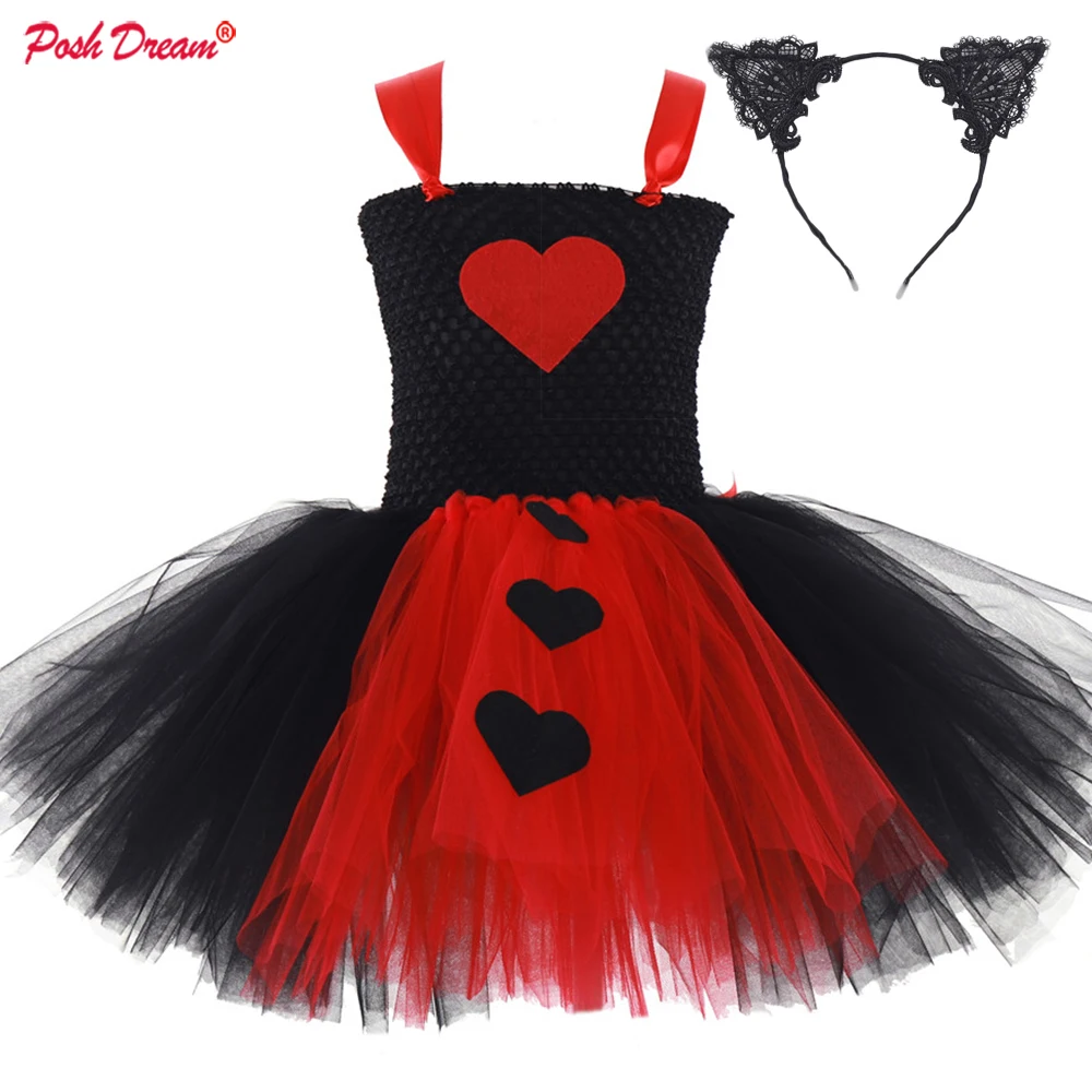 

POSH DREAM Heart Princess Kids Girls Costumes For Cosplay Party Clothes Red Black Tulle Handmade Halloween Tutu Dresses