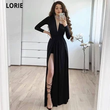 

LORIE Satin V-neck Long A-Line Evening Dresses Long Sleeves 2022 Dubia Formal Party Dress Prom Gowns Slit Sukienka Wieczorowa