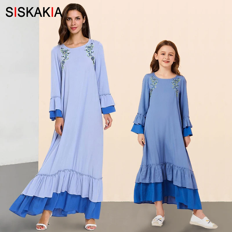 Платья для мамы и дочки одинаковые комплекты семьи с длинными рукавами синего