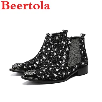 Nature Leather Men Boots White Stars Print Masculine Flats Crystal Zip Pointed Toe Short Boots Men Metal Head Letters Shoes Men 
Nature Leather Men Boots White Stars Print Masculine Flats Crystal Zip Pointed Toe Short Boots Men Metal Head Letters Shoes Men