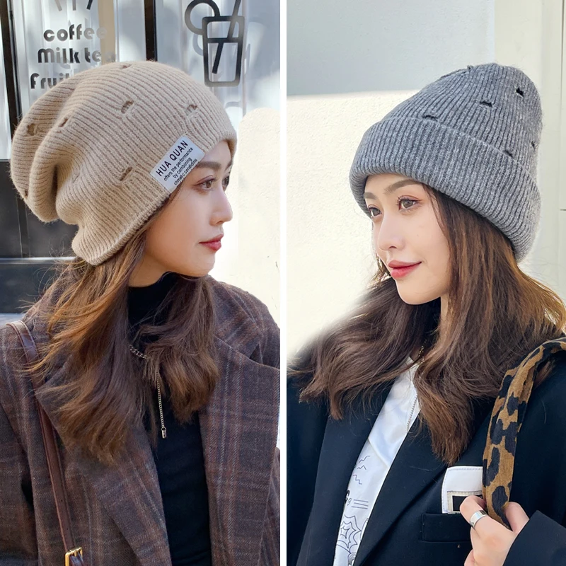 

Fashion Hole Warm Woolen Hat for Fall/winter 2021 New Best-selling Wild Beggar Hats Street Ladies Patch Couple Knit Cold Cap