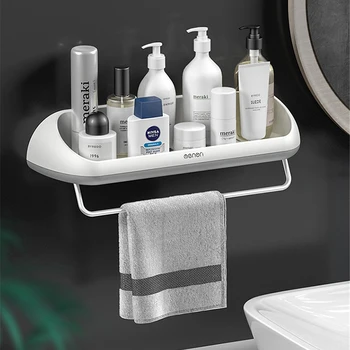 

Punch-free Bathroom Shelf Shampoo Cosmetic Shower Shelf Wall Mounted Kitchen Storage Rack Towel Bar Bathroom Acccessories