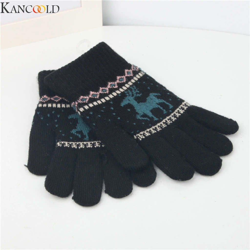 Фото Женские вязаные перчатки KANCOOLD с оленем снежинками закрытыми пальцами зимние