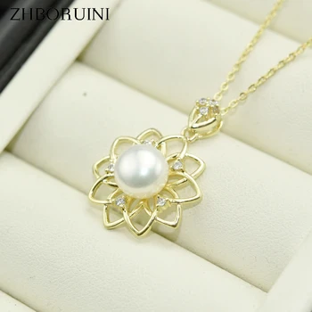 

ZHBORUIN Gold Pearl Necklace Pearl Jewelry 925 Sterling Silver Jewelry 100% Real Freshwater Pearl Flower Choker Necklace Pendant