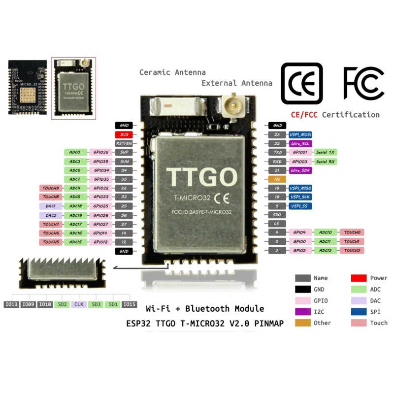 TTGO Micro-32 V2.0 Wifi Wireless Bluetooth Module ESP32 PICO-D4 IPEX ESP-32
TTGO Micro-32 V2.0 Wifi Wireless Bluetooth Module ESP32 PICO-D4 IPEX ESP-32