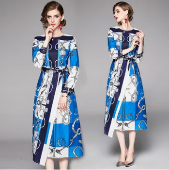 2019 spring and autumn fashion show temperament printed dress with thin waist and thin skirt
2019 spring and autumn fashion show temperament printed dress with thin waist and thin skirt