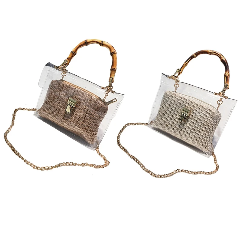 ABZC-2 Pcs Transparent Bag for Women Handbag with Bamboo Handle Summer Small Chain Crossbody Bags Ladies Straw Beach Bags (Khaki
ABZC-2 Pcs Transparent Bag for Women Handbag with Bamboo Handle Summer Small Chain Crossbody Bags Ladies Straw Beach Bags (Khaki