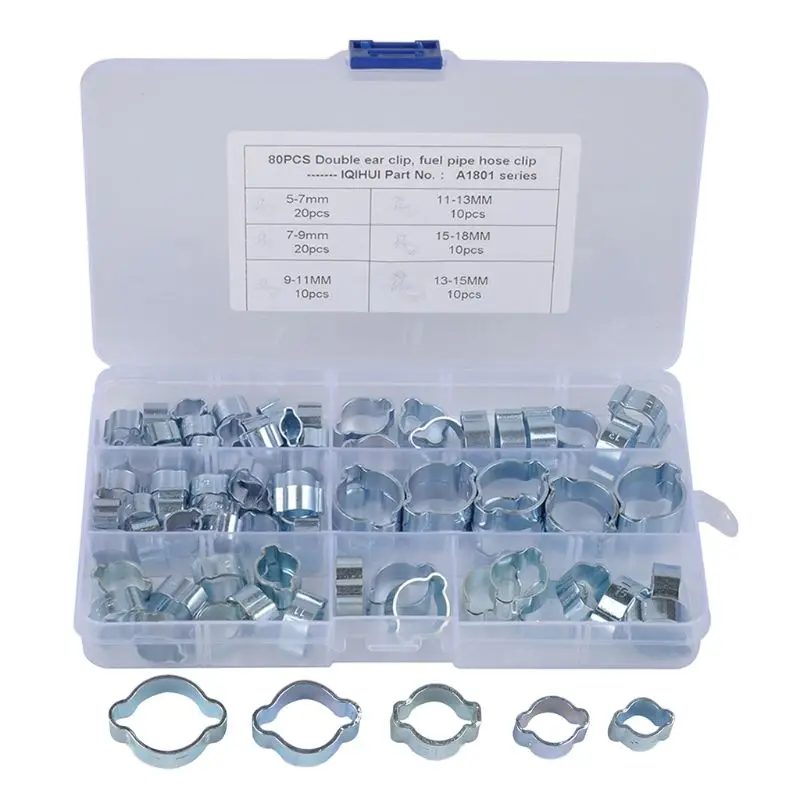 Double Ear Hose Clips Water Fuel Air Clamps for 5-7MM Zinc Plated Assortment Box