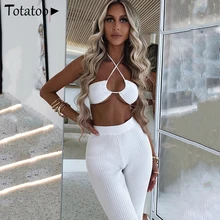 Totatoop Summer White Rib Knitted Striped Two Piece Set Sexy Backless Halter Bandage Crop Top And Long Pants Women's Set Elegant
Totatoop Summer White Rib Knitted Striped Two Piece Set Sexy Backless Halter Bandage Crop Top And Long Pants Women's Set Elegant