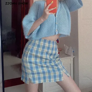 

Summer Women Split Details Plaid Mini Skirt with Under Shorts Retro Front Double Slit Package Hips Gingham Check Short Skirts
