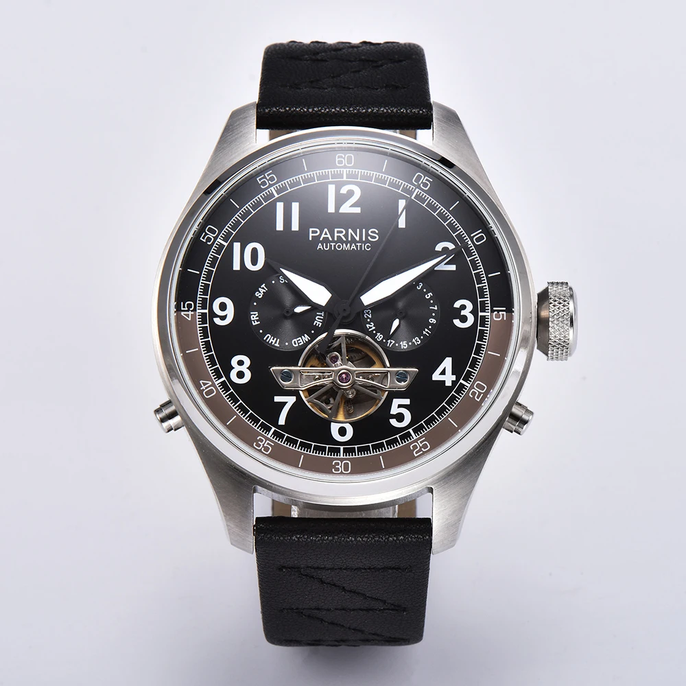 

New Arrival Parnis 48mm Men Watch Automatic Mechanical Black Strap Calendar Week Display Skeleton Tourbillon Mens Watches 2024