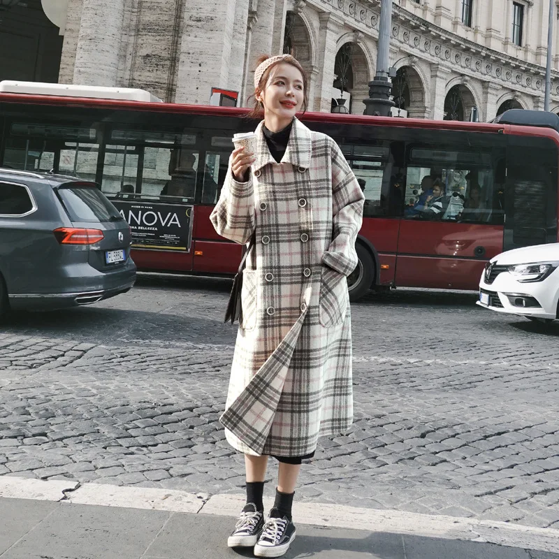 Duffle Coat 2020 Winter New Style Korean-style Loose-Fit Woolen Cloth Mid-length Short-height Plaid Woolen Coat Students Tide