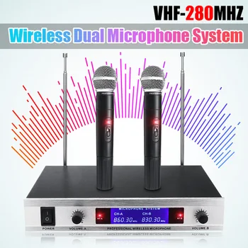 

Wireless Dual Microphone System VHF-280MHZ Professional Cordless Handheld Mic Receiver Microphones Kit for Karaoke KTV