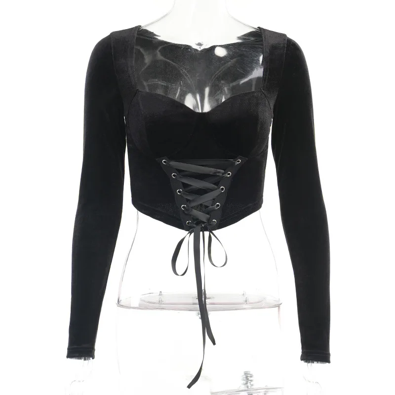 Women Close-Fitting Lace-Up T-Shirt Spring Autumn Ladies Casual Solid Color U-shaped Collar Long Sleeve Crop Tops White Black
Women Close-Fitting Lace-Up T-Shirt Spring Autumn Ladies Casual Solid Color U-shaped Collar Long Sleeve Crop Tops White Black