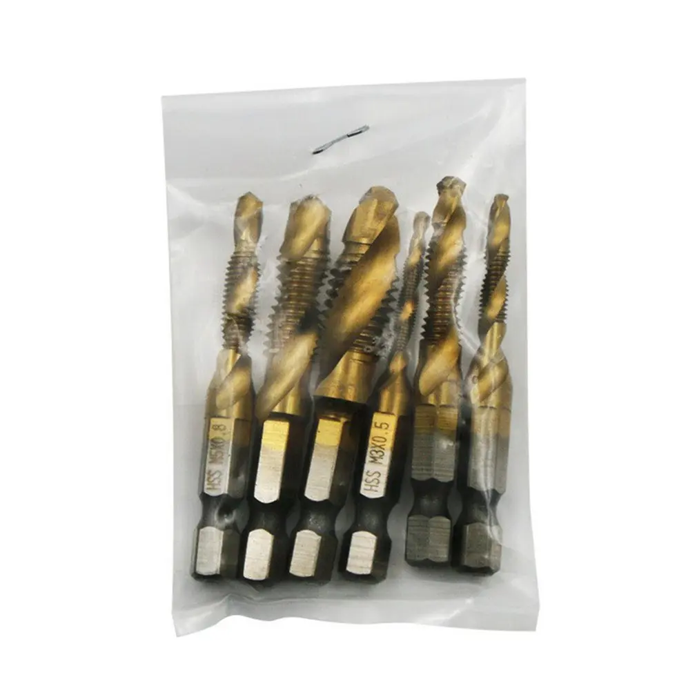 

NEW 6pcs Hss Titanium M3 - M10 Combination Hex Deburr Countersink Tap Drill Bit Set Hexagonal Shank Compound Taps Set