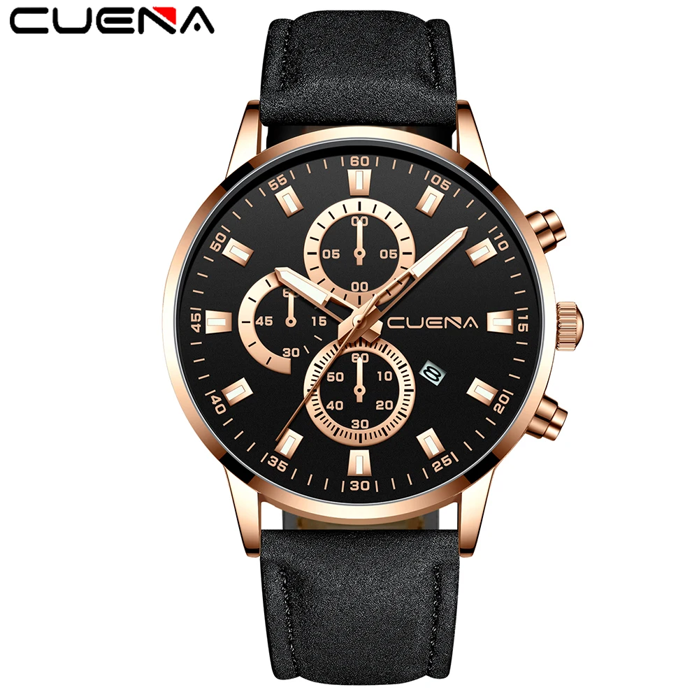 

CUENA Men Watches Fashion Luxury Sport Men's Stainless Steel Case Leather Band Quartz Analog Wrist Watch Relogio Masculino