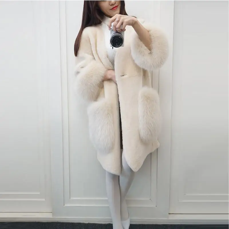 

Autumn Winter Women Wool Fur Coat Korean New Fashion Button Pocket Granules Sheep Shearing Fur Jacket Ladies Long Overcoat